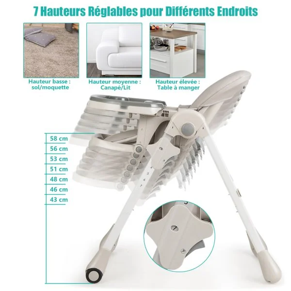 Chaise Haute Bébé Convertible Bauteur Réglable Dossier Inclinable Repose-pieds Plateau Amovible Lavable au Lave-vaisselle Chaise Haute Portable Gris
