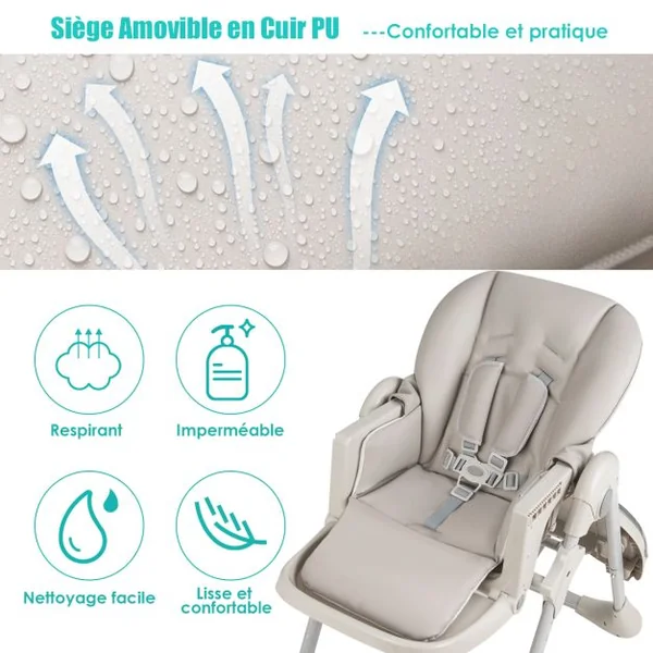Chaise Haute Bébé Convertible Bauteur Réglable Dossier Inclinable Repose-pieds Plateau Amovible Lavable au Lave-vaisselle Chaise Haute Portable Gris