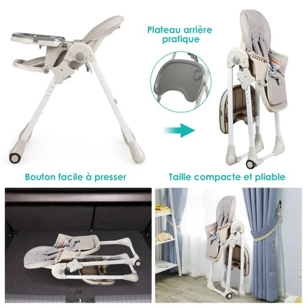 Chaise Haute Bébé Convertible Bauteur Réglable Dossier Inclinable Repose-pieds Plateau Amovible Lavable au Lave-vaisselle Chaise Haute Portable Gris