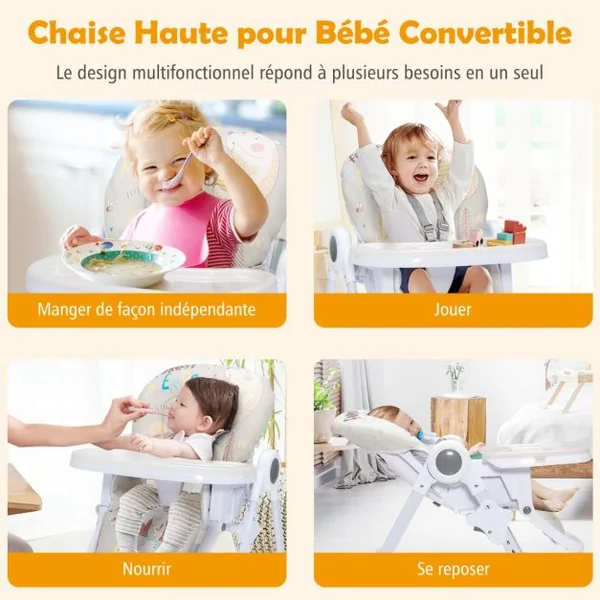 Chaise Haute Bébé Convertible Pliable 3 Angle Inclinable Hauteur Réglable Dossier Repose-Pieds Double Plateau Amovible Gris