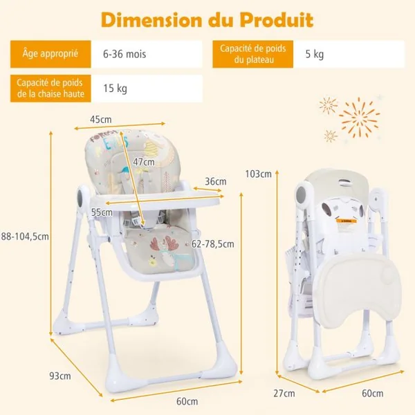 Chaise Haute Bébé Convertible Pliable 3 Angle Inclinable Hauteur Réglable Dossier Repose-Pieds Double Plateau Amovible Gris