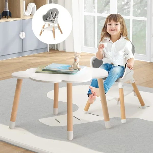 Chaise Haute Bébé Convertible Repose-pied Double Face comme Plateau de Rangement Plateau Double et Coussin Amovible Blanc