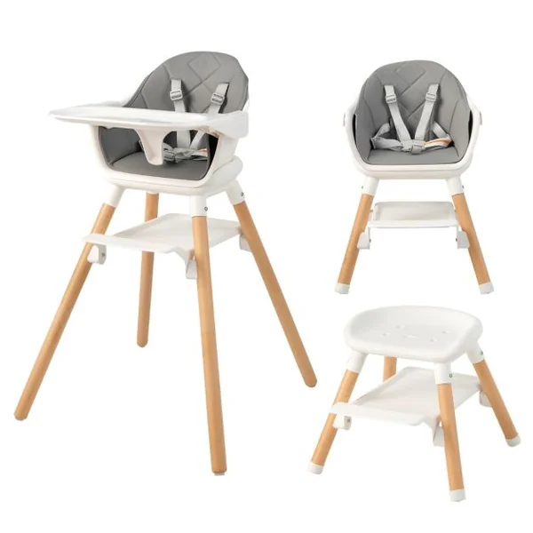 Chaise Haute Bébé Convertible Repose-pied Double Face comme Plateau de Rangement Plateau Double et Coussin Amovible Blanc