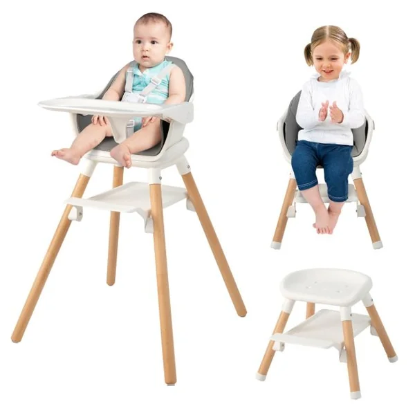Chaise Haute Bébé Convertible Repose-pied Double Face comme Plateau de Rangement Plateau Double et Coussin Amovible Blanc