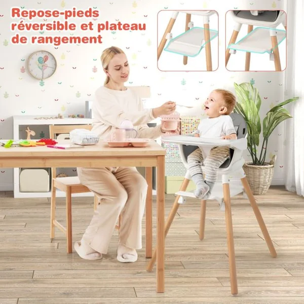 Chaise Haute Bébé Convertible Repose-pied Double Face comme Plateau de Rangement Plateau Double et Coussin Amovible Blanc