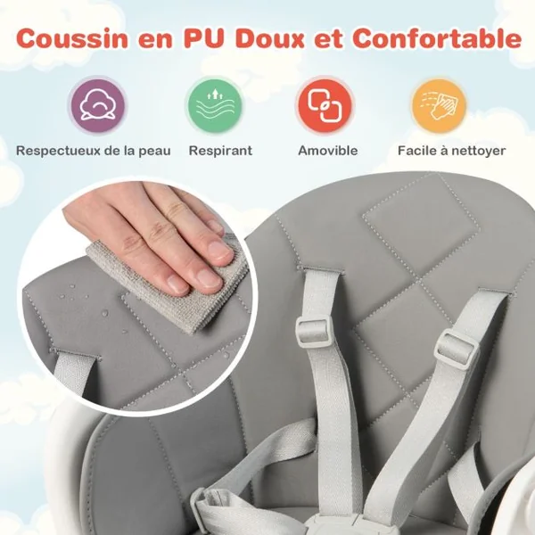 Chaise Haute Bébé Convertible Repose-pied Double Face comme Plateau de Rangement Plateau Double et Coussin Amovible Blanc