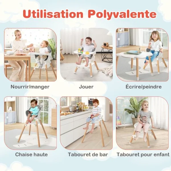 Chaise Haute Bébé Convertible Repose-pied Double Face comme Plateau de Rangement Plateau Double et Coussin Amovible Blanc
