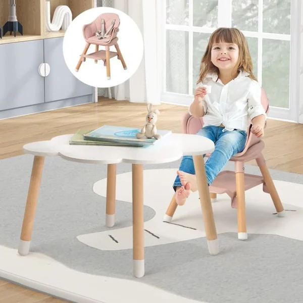 Chaise Haute Bébé Convertible Repose-pied Double Face comme Plateau de Rangement Plateau Double et Coussin Amovible Rose