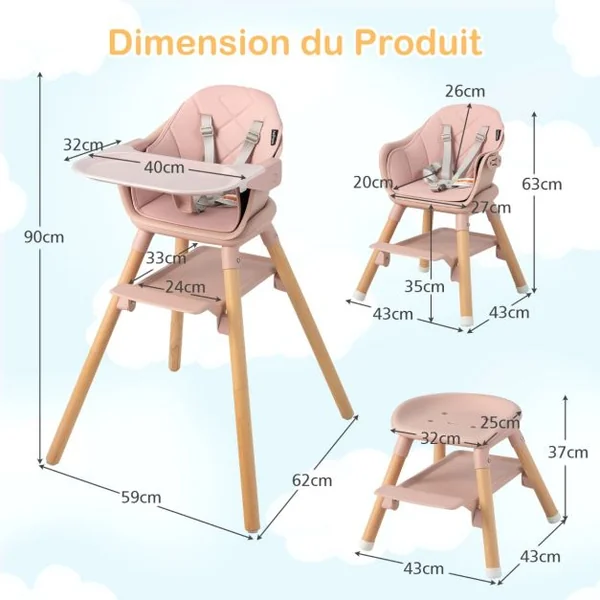 Chaise Haute Bébé Convertible Repose-pied Double Face comme Plateau de Rangement Plateau Double et Coussin Amovible Rose