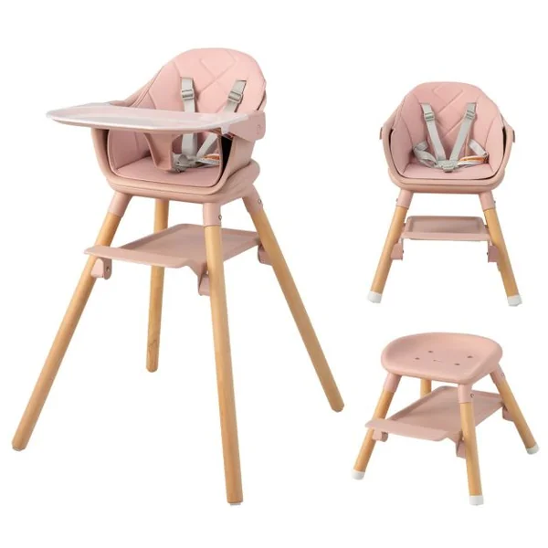 Chaise Haute Bébé Convertible Repose-pied Double Face comme Plateau de Rangement Plateau Double et Coussin Amovible Rose