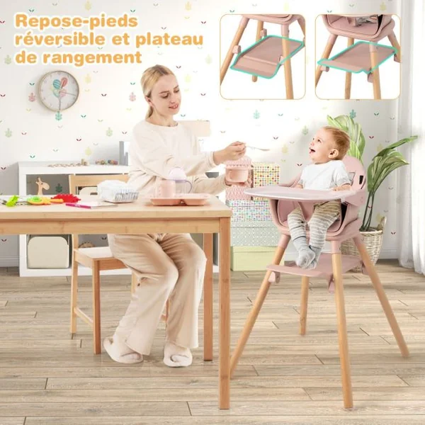 Chaise Haute Bébé Convertible Repose-pied Double Face comme Plateau de Rangement Plateau Double et Coussin Amovible Rose