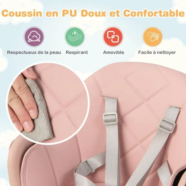 Chaise Haute Bébé Convertible Repose-pied Double Face comme Plateau de Rangement Plateau Double et Coussin Amovible Rose