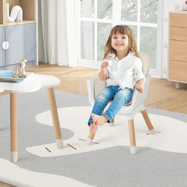 Chaise Haute Convertible 6 en 1 pour Bébé Chaise en Bois avec Pieds Réglables Double Plateau Amovible pour Tout-petits de 6 à 36 Mois Gris