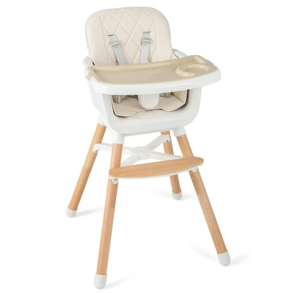 Chaise Haute Convertible 6 en 1 pour Bébé Chaise en Bois avec Pieds Réglables Double Plateau Amovible pour Tout-petits de 6 à 36 Mois Gris