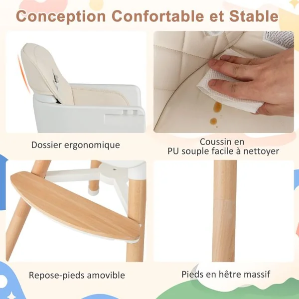 Chaise Haute Convertible 6 en 1 pour Bébé Chaise en Bois avec Pieds Réglables Double Plateau Amovible pour Tout-petits de 6 à 36 Mois Gris