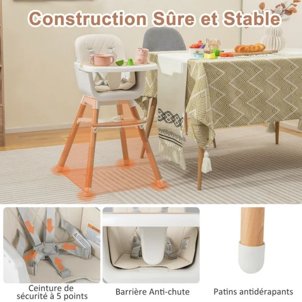 Chaise Haute Convertible 6 en 1 pour Bébé Chaise en Bois avec Pieds Réglables Double Plateau Amovible pour Tout-petits de 6 à 36 Mois Gris