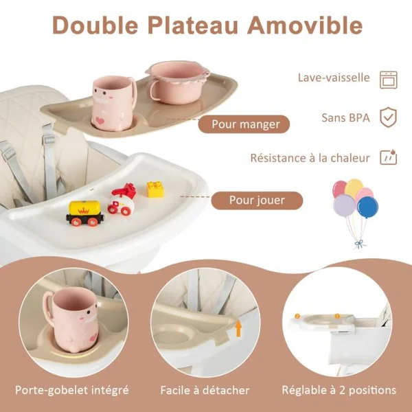 Chaise Haute Convertible 6 en 1 pour Bébé Chaise en Bois avec Pieds Réglables Double Plateau Amovible pour Tout-petits de 6 à 36 Mois Gris