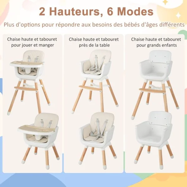 Chaise Haute Convertible 6 en 1 pour Bébé Chaise en Bois avec Pieds Réglables Double Plateau Amovible pour Tout-petits de 6 à 36 Mois Gris