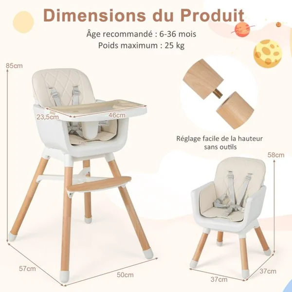Chaise Haute Convertible 6 en 1 pour Bébé Chaise en Bois avec Pieds Réglables Double Plateau Amovible pour Tout-petits de 6 à 36 Mois Gris