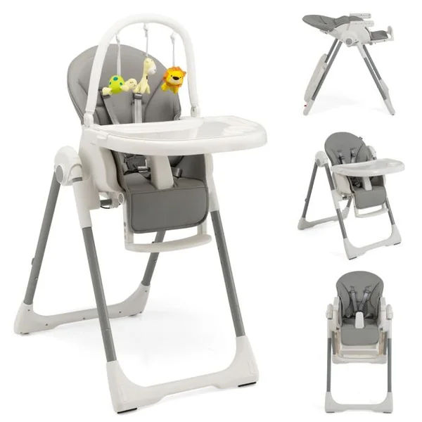 Chaise Haute Pliable pour Bébé 4 En 1 avec 7 Hauteurs Repose-Pieds Rétractable Réglable Roues Verrouillables Coussin Amovible Double Plateau Gris