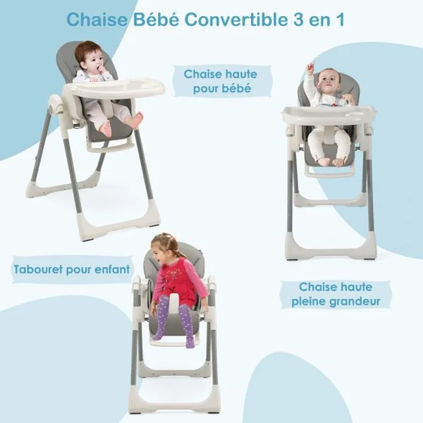 Chaise Haute Pliable pour Bébé 4 En 1 avec 7 Hauteurs Repose-Pieds Rétractable Réglable Roues Verrouillables Coussin Amovible Double Plateau Gris