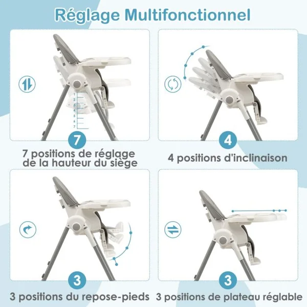 Chaise Haute Pliable pour Bébé 4 En 1 avec 7 Hauteurs Repose-Pieds Rétractable Réglable Roues Verrouillables Coussin Amovible Double Plateau Gris