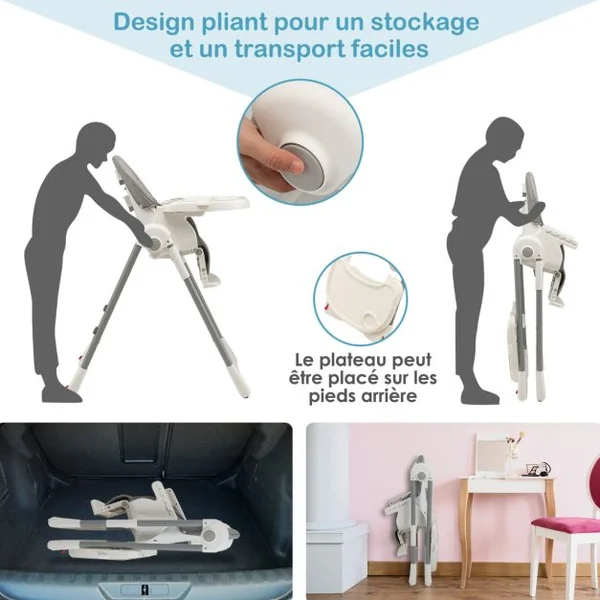 Chaise Haute Pliable pour Bébé 4 En 1 avec 7 Hauteurs Repose-Pieds Rétractable Réglable Roues Verrouillables Coussin Amovible Double Plateau Gris