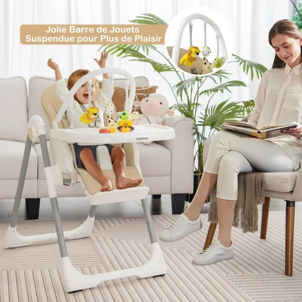 Chaise Haute Pliable pour Bébé 4 En 1 avec 7 Hauteurs Repose-Pieds Rétractable Réglable Roues Verrouillables Coussin Amovible Double Plateau Jaune