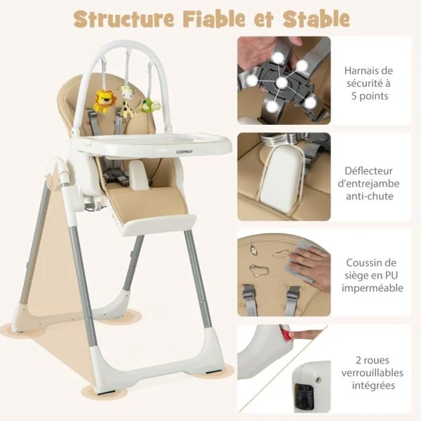 Chaise Haute Pliable pour Bébé 4 En 1 avec 7 Hauteurs Repose-Pieds Rétractable Réglable Roues Verrouillables Coussin Amovible Double Plateau Jaune