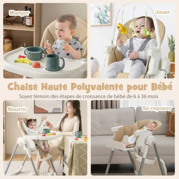 Chaise Haute Pliable pour Bébé 4 En 1 avec 7 Hauteurs Repose-Pieds Rétractable Réglable Roues Verrouillables Coussin Amovible Double Plateau Jaune