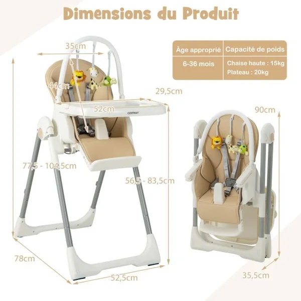 Chaise Haute Pliable pour Bébé 4 En 1 avec 7 Hauteurs Repose-Pieds Rétractable Réglable Roues Verrouillables Coussin Amovible Double Plateau Jaune