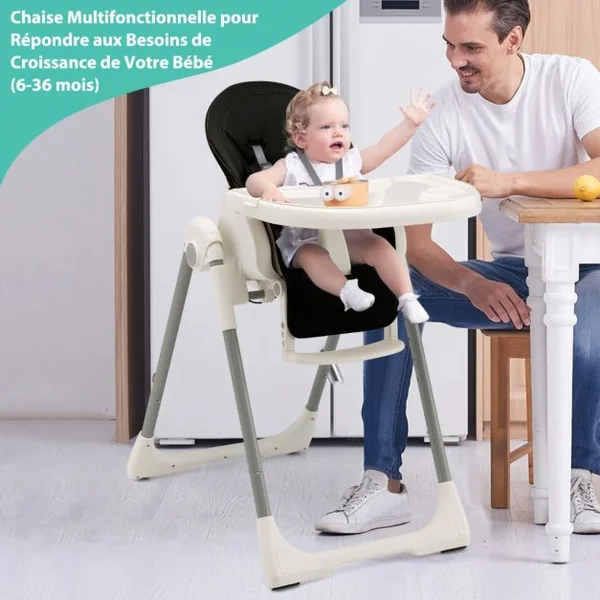 Chaise Haute Pliable pour Bébé 4 En 1 avec 7 Hauteurs Repose-Pieds Rétractable Réglable Roues Verrouillables Coussin Amovible Double Plateau Noir