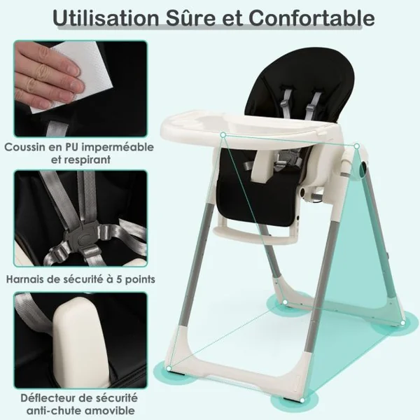 Chaise Haute Pliable pour Bébé 4 En 1 avec 7 Hauteurs Repose-Pieds Rétractable Réglable Roues Verrouillables Coussin Amovible Double Plateau Noir