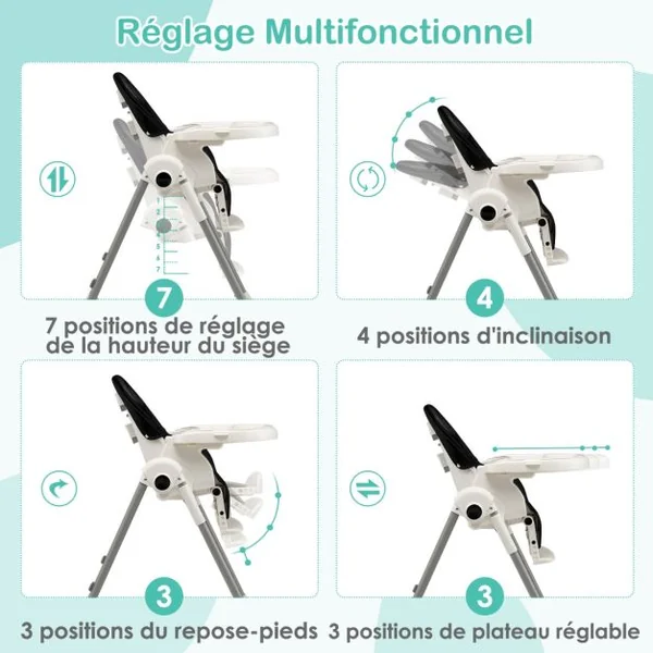 Chaise Haute Pliable pour Bébé 4 En 1 avec 7 Hauteurs Repose-Pieds Rétractable Réglable Roues Verrouillables Coussin Amovible Double Plateau Noir