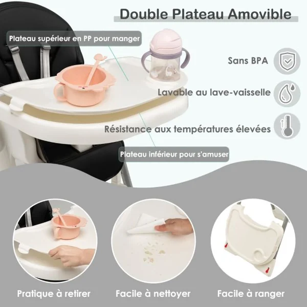 Chaise Haute Pliable pour Bébé 4 En 1 avec 7 Hauteurs Repose-Pieds Rétractable Réglable Roues Verrouillables Coussin Amovible Double Plateau Noir