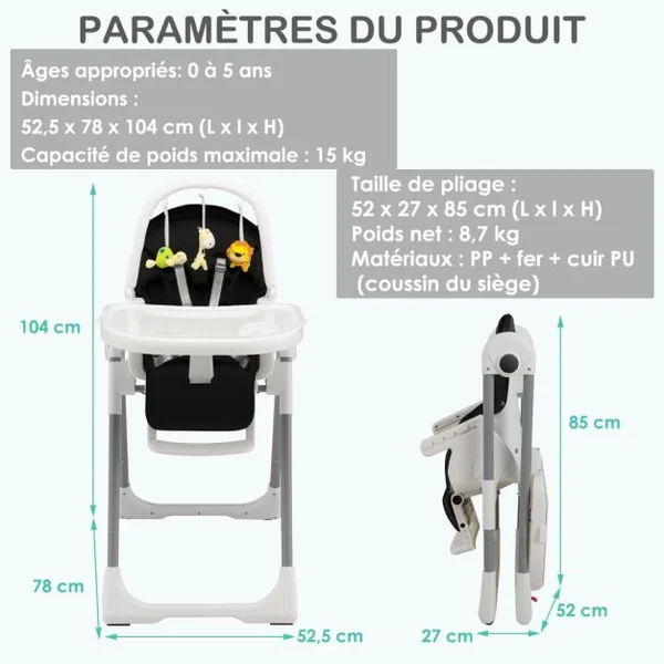 Chaise Haute Pliable pour Bébé 4 En 1 avec 7 Hauteurs Repose-Pieds Rétractable Réglable Roues Verrouillables Coussin Amovible Double Plateau Noir
