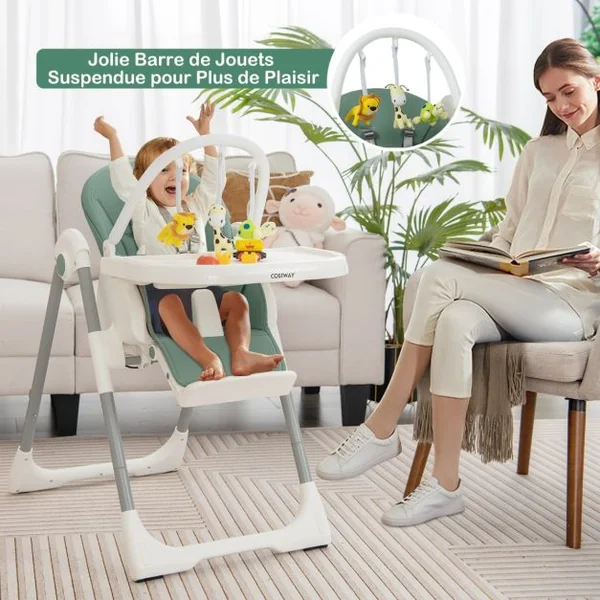 Chaise Haute Pliable pour Bébé 4 En 1 avec 7 Hauteurs Repose-Pieds Rétractable Réglable Roues Verrouillables Coussin Amovible Double Plateau Vert