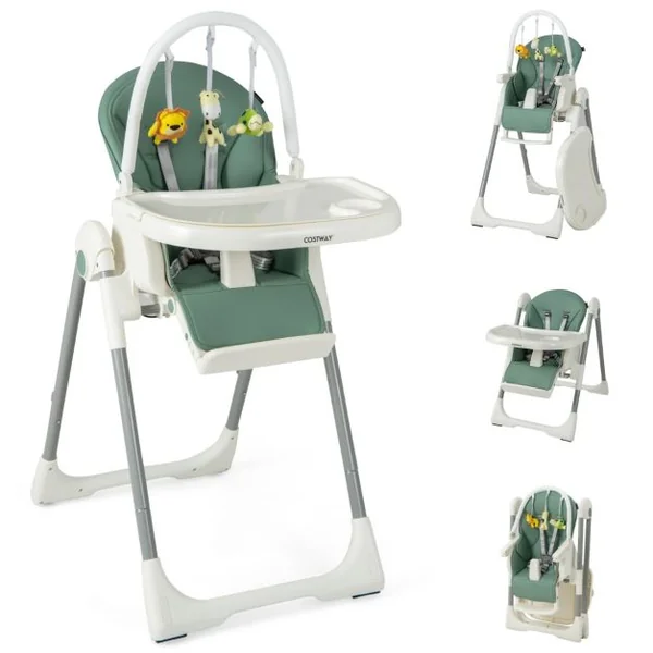 Chaise Haute Pliable pour Bébé 4 En 1 avec 7 Hauteurs Repose-Pieds Rétractable Réglable Roues Verrouillables Coussin Amovible Double Plateau Vert
