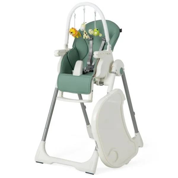 Chaise Haute Pliable pour Bébé 4 En 1 avec 7 Hauteurs Repose-Pieds Rétractable Réglable Roues Verrouillables Coussin Amovible Double Plateau Vert