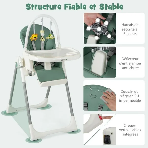 Chaise Haute Pliable pour Bébé 4 En 1 avec 7 Hauteurs Repose-Pieds Rétractable Réglable Roues Verrouillables Coussin Amovible Double Plateau Vert