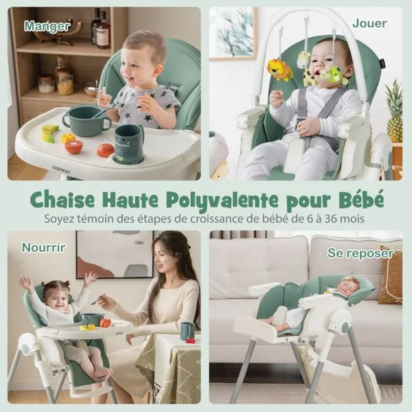 Chaise Haute Pliable pour Bébé 4 En 1 avec 7 Hauteurs Repose-Pieds Rétractable Réglable Roues Verrouillables Coussin Amovible Double Plateau Vert