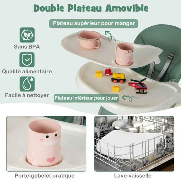 Chaise Haute Pliable pour Bébé 4 En 1 avec 7 Hauteurs Repose-Pieds Rétractable Réglable Roues Verrouillables Coussin Amovible Double Plateau Vert