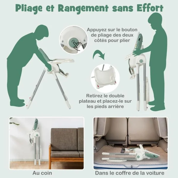 Chaise Haute Pliable pour Bébé 4 En 1 avec 7 Hauteurs Repose-Pieds Rétractable Réglable Roues Verrouillables Coussin Amovible Double Plateau Vert