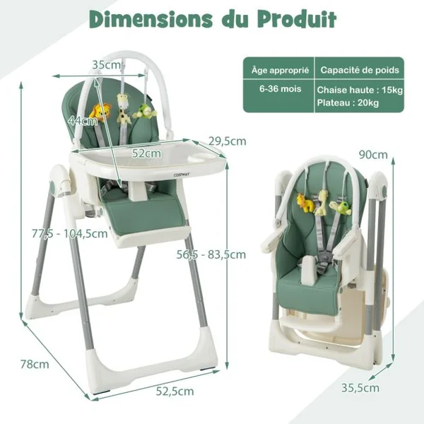 Chaise Haute Pliable pour Bébé 4 En 1 avec 7 Hauteurs Repose-Pieds Rétractable Réglable Roues Verrouillables Coussin Amovible Double Plateau Vert