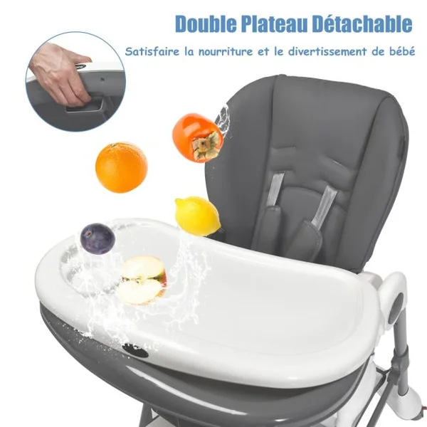 Chaise Haute Pliale 4-en-1 Portable avec Roulettes Repose-Pieds et Hauteur du Siège Réglables Double Plateau Détachable Coussin en Pu Gris