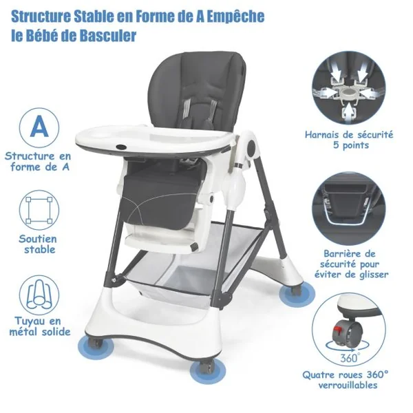 Chaise Haute Pliale 4-en-1 Portable avec Roulettes Repose-Pieds et Hauteur du Siège Réglables Double Plateau Détachable Coussin en Pu Gris