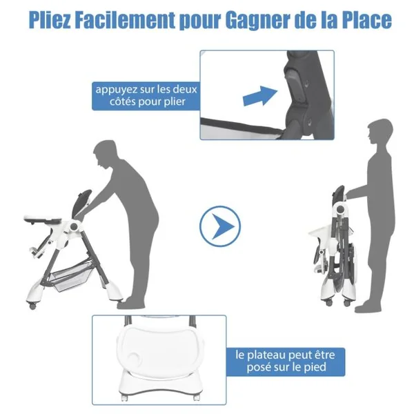 Chaise Haute Pliale 4-en-1 Portable avec Roulettes Repose-Pieds et Hauteur du Siège Réglables Double Plateau Détachable Coussin en Pu Gris
