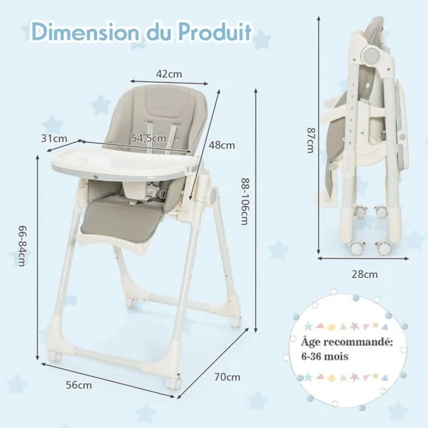 Chaise Haute Pliante Bébé avec Hauteur Réglable Chaise d’Alimentation avec Plateau Amovible 4 Roues Verrouillables Charge Gris 15kg 6-36 Mois