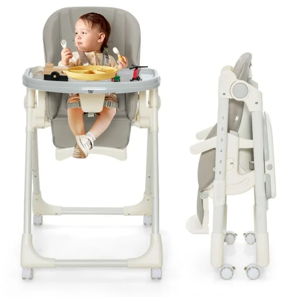 Chaise Haute Pliante Bébé avec Hauteur Réglable Chaise d’Alimentation avec Plateau Amovible 4 Roues Verrouillables Charge Gris 15kg 6-36 Mois