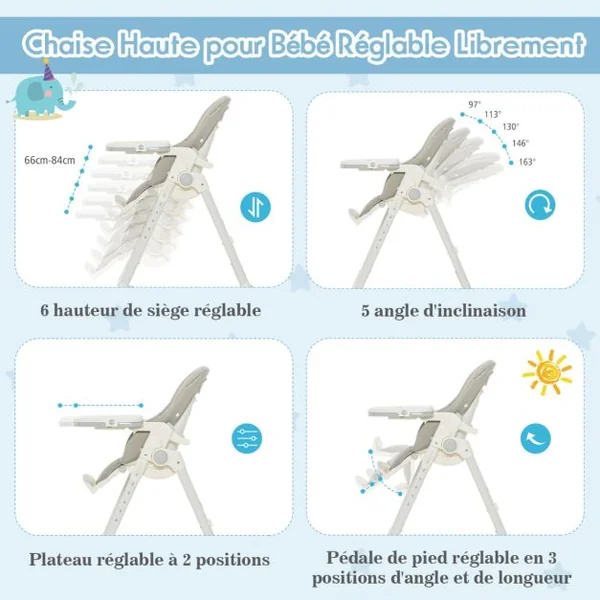 Chaise Haute Pliante Bébé avec Hauteur Réglable Chaise d’Alimentation avec Plateau Amovible 4 Roues Verrouillables Charge Gris 15kg 6-36 Mois